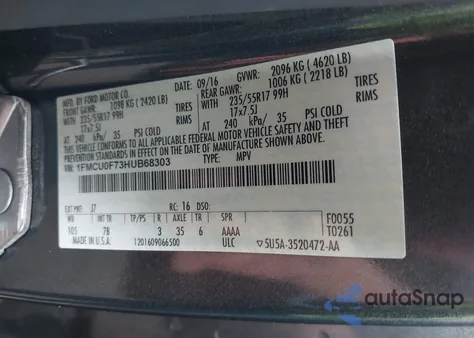 2017 Ford Escape S z USA, uszkodzony, nr VIN 1FMCU0F73HUB68303